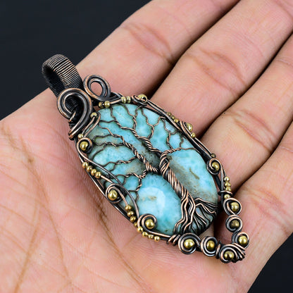Blue Larimar Gemstone Tree of Life Pendant