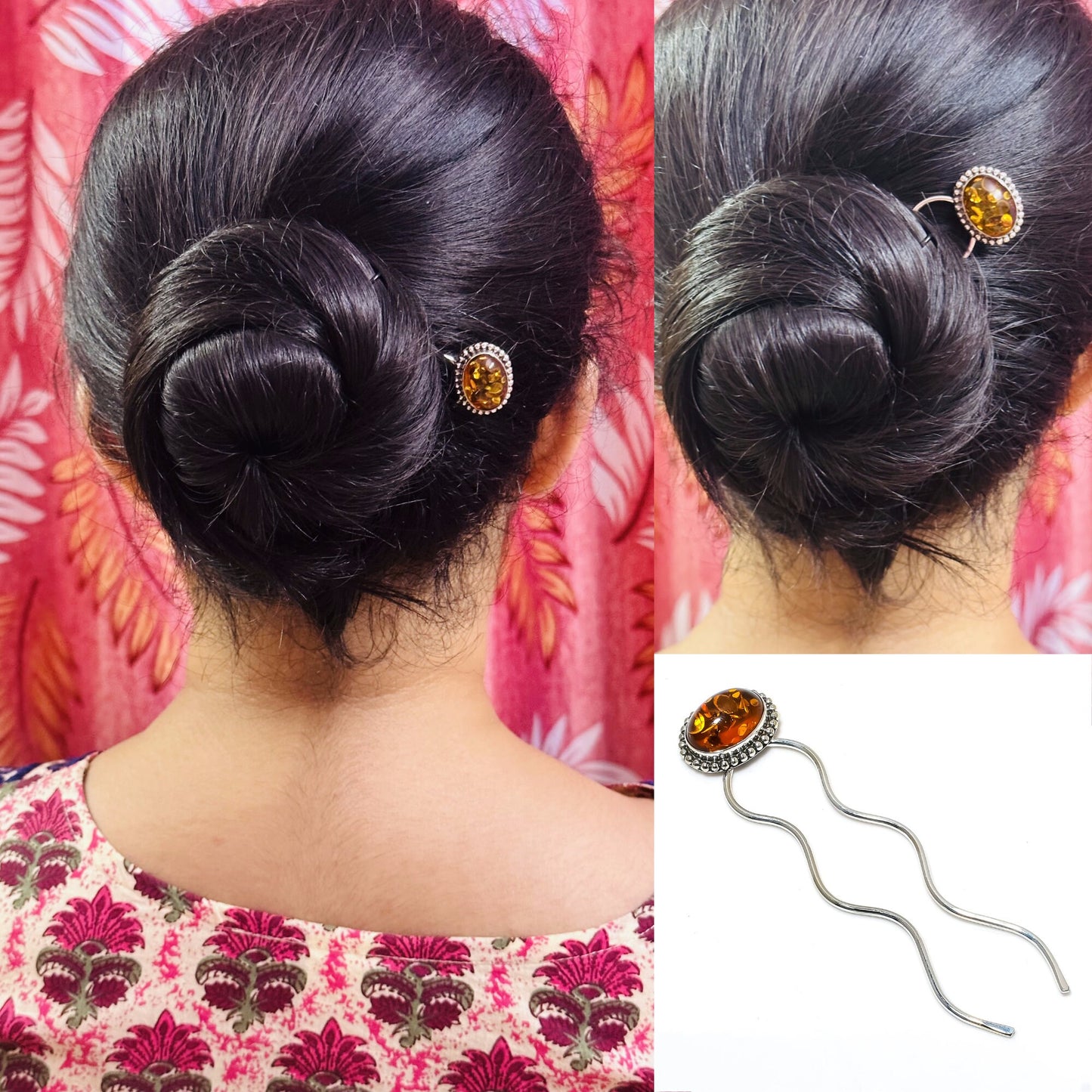 Amber Gemstone Hair Bun Pin