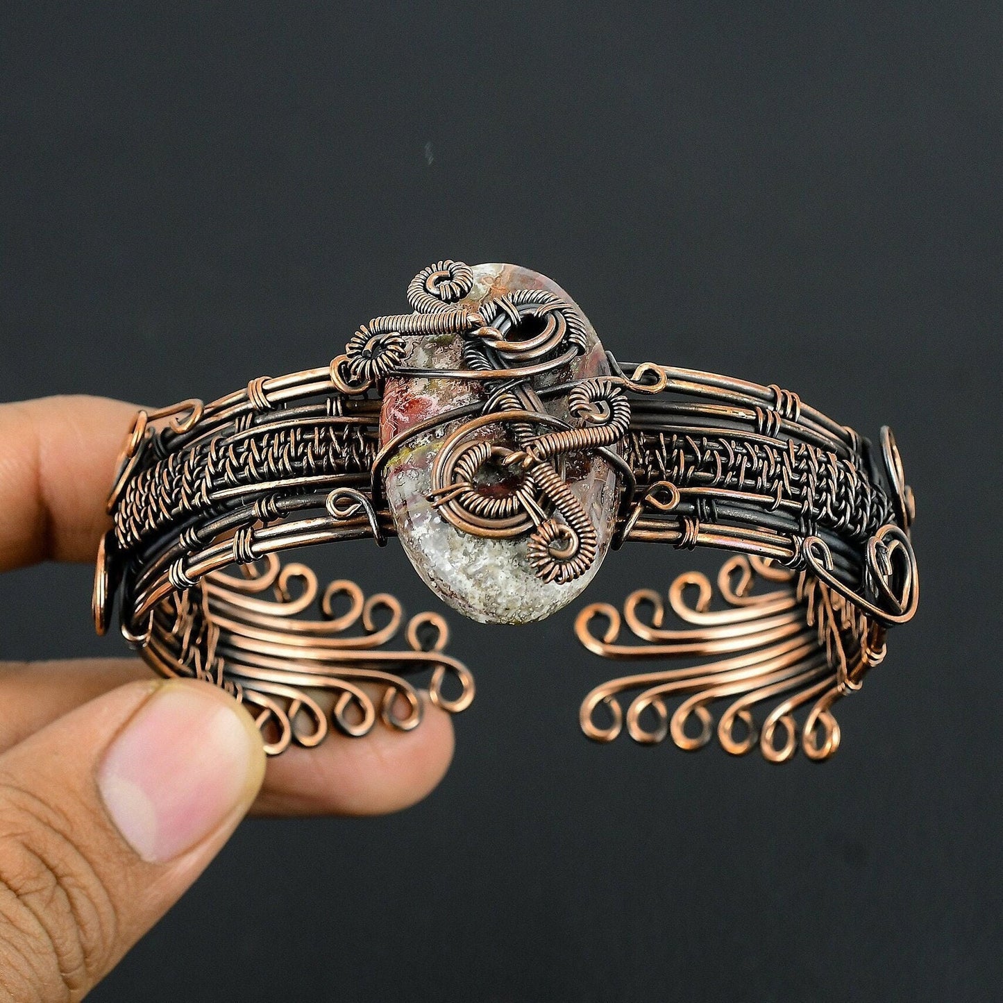 Multicolor Crazy Lace Agate Gemstone Copper Cuff Bracelet
