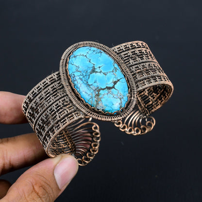Turquoise Gemstone Copper Wire Wrapped Cuff Bracelet