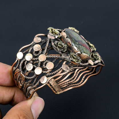 Green-Red Dragon Bloodstone Gemstone Copper Cuff Bracelet