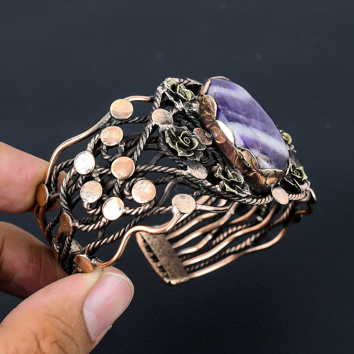 Purple Sage Amethyst Gemstone Copper Wire-Wrapped Bracelet