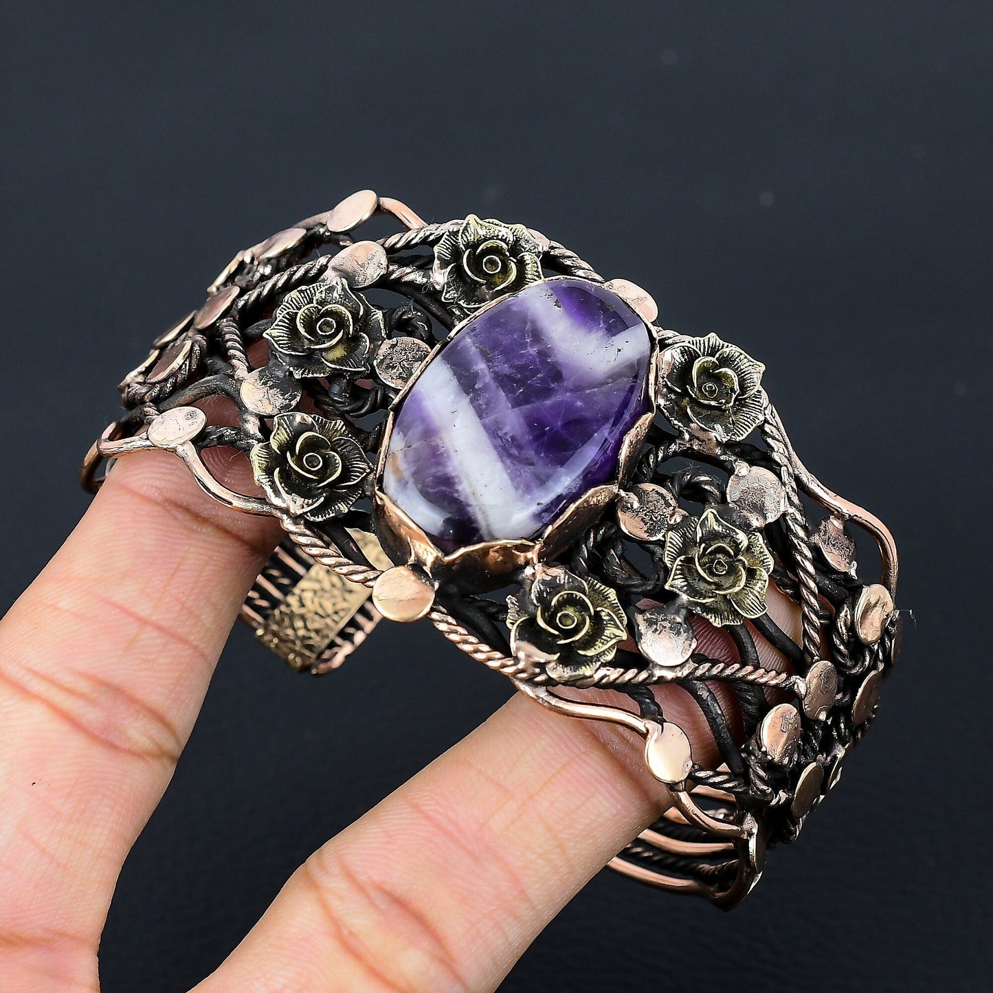 Purple Sage Amethyst Gemstone Copper Wire-Wrapped Bracelet