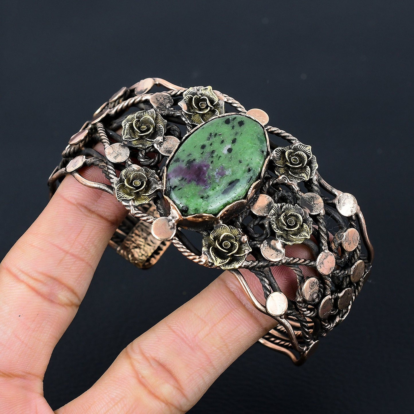 Green Ruby Zoisite Gemstone Wire-Wrapped Bracelet