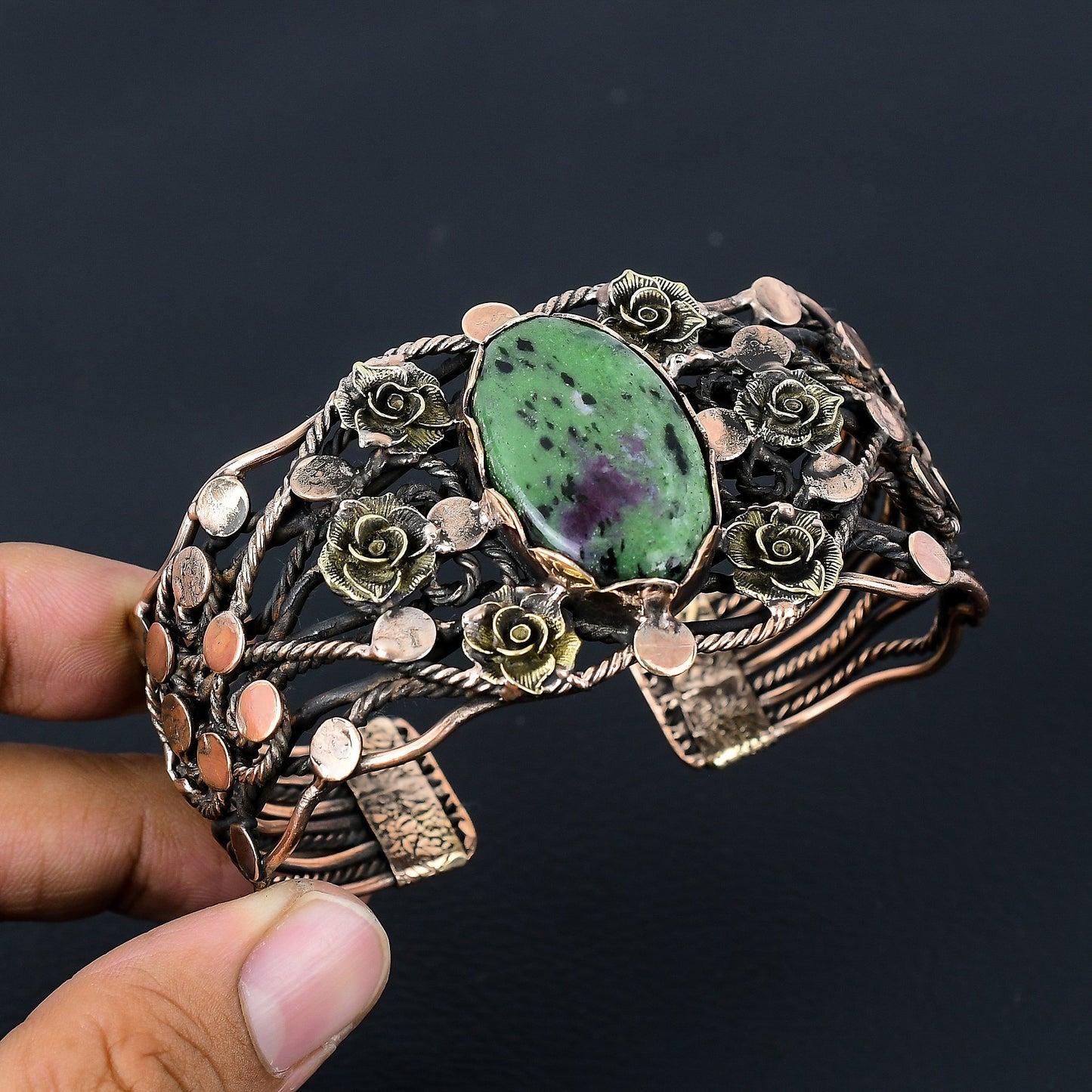 Green Ruby Zoisite Gemstone Wire-Wrapped Bracelet