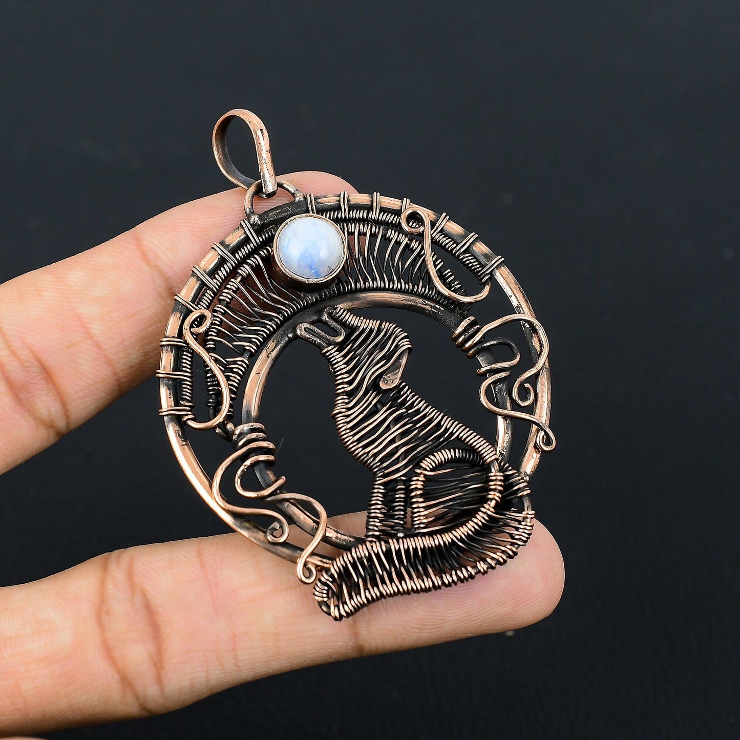 White Moonstone Gemstone Wolf Pendant