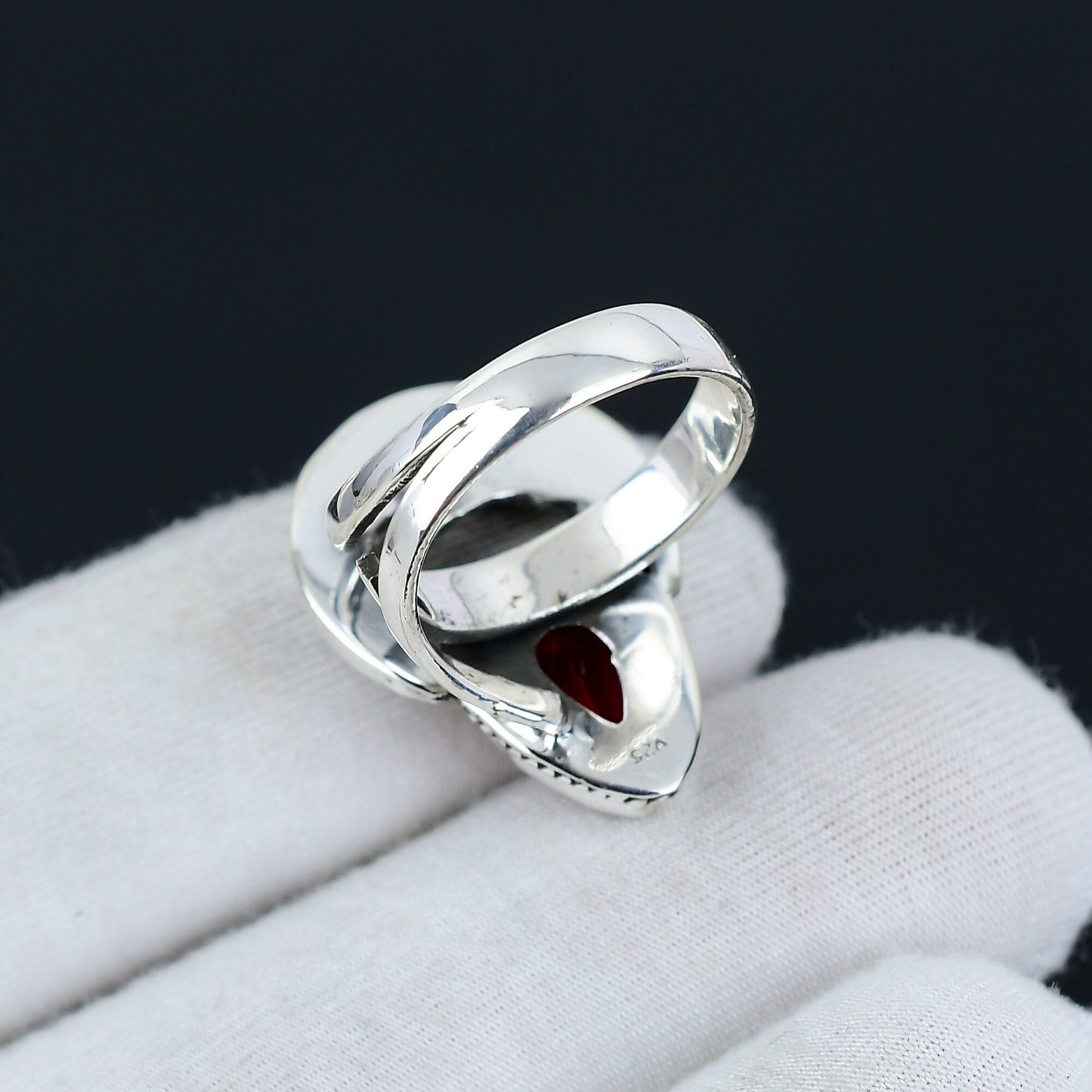 Sterling Silver Red Garnet Crescent Ring
