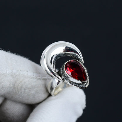 Sterling Silver Red Garnet Crescent Ring