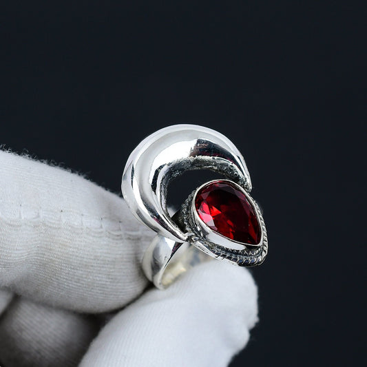 Sterling Silver Red Garnet Crescent Ring
