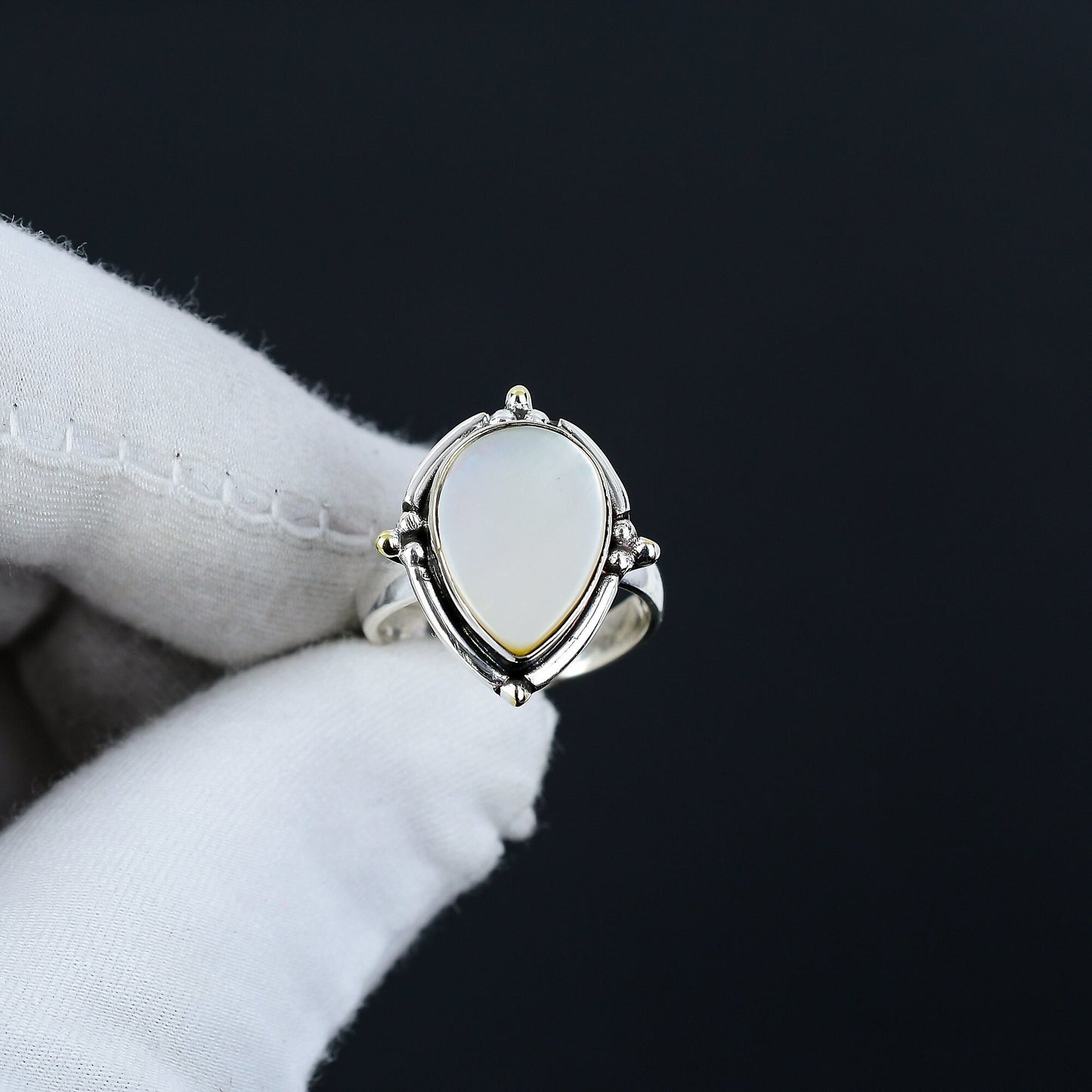 White Mother of Pearl Gemstone Teardrop Ring