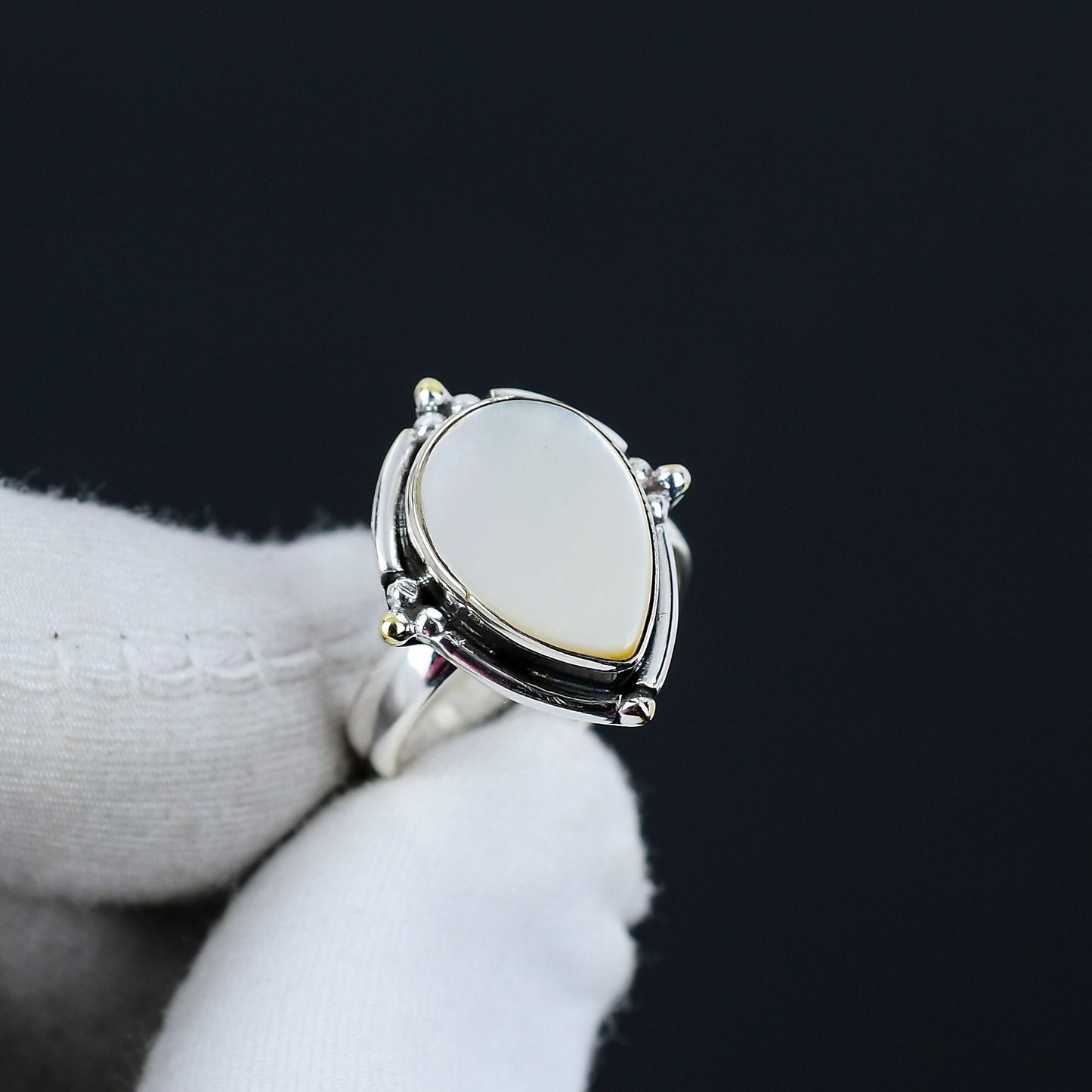 White Mother of Pearl Gemstone Teardrop Ring