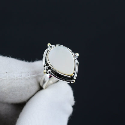 White Mother of Pearl Gemstone Teardrop Ring