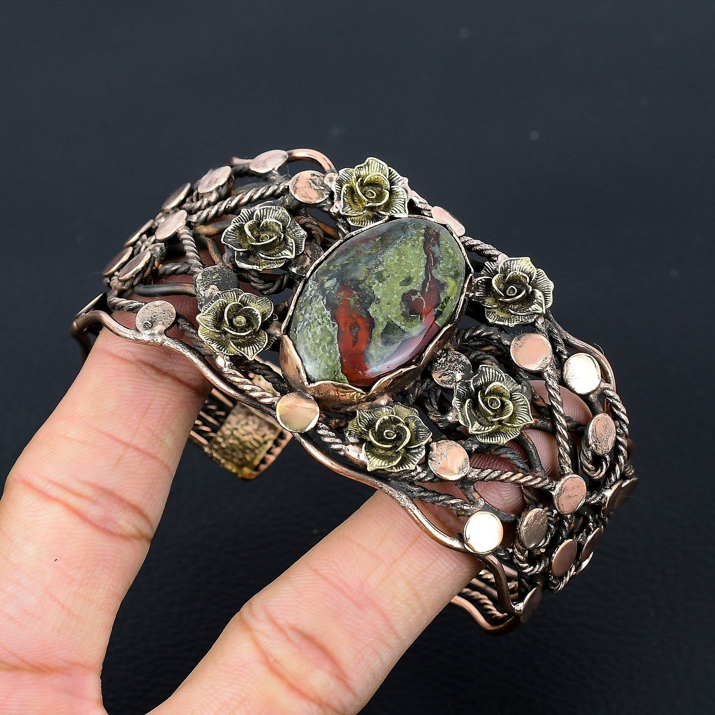 Green-Red Dragon Bloodstone Gemstone Copper Cuff Bracelet
