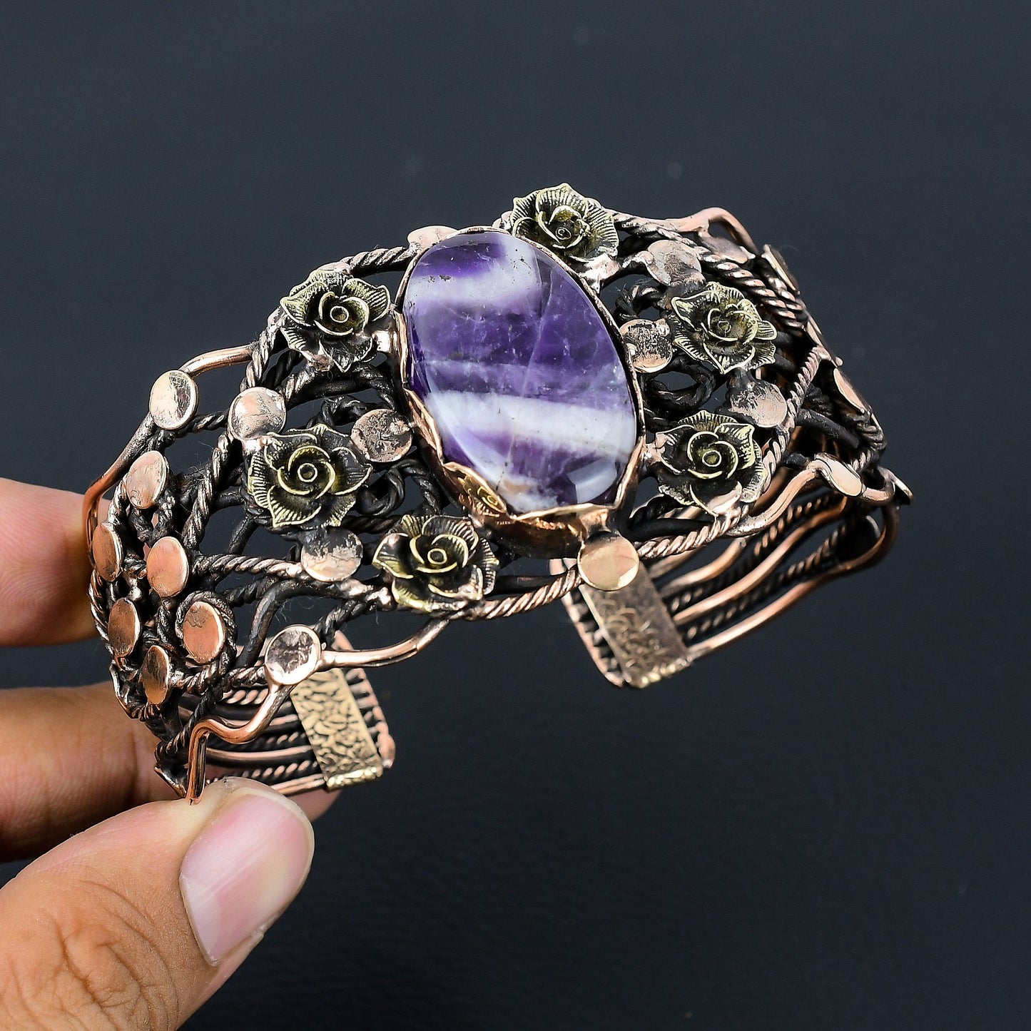 Purple Sage Amethyst Gemstone Copper Wire-Wrapped Bracelet