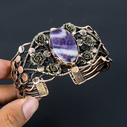 Purple Sage Amethyst Gemstone Copper Wire-Wrapped Bracelet