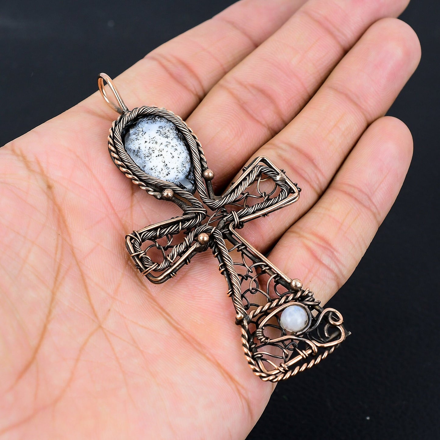 White Dendrite Opal Gemstone Ankh Pendant