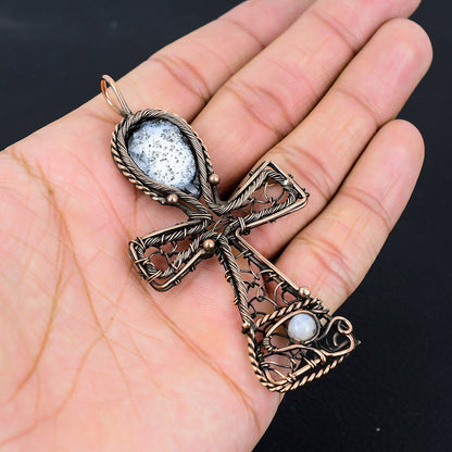 White Dendrite Opal Gemstone Ankh Pendant