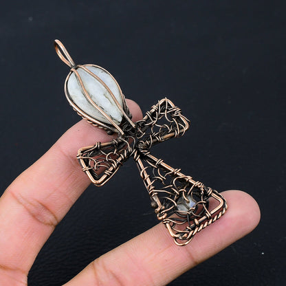 Copper Moonstone Gemstone Ankh Pendant