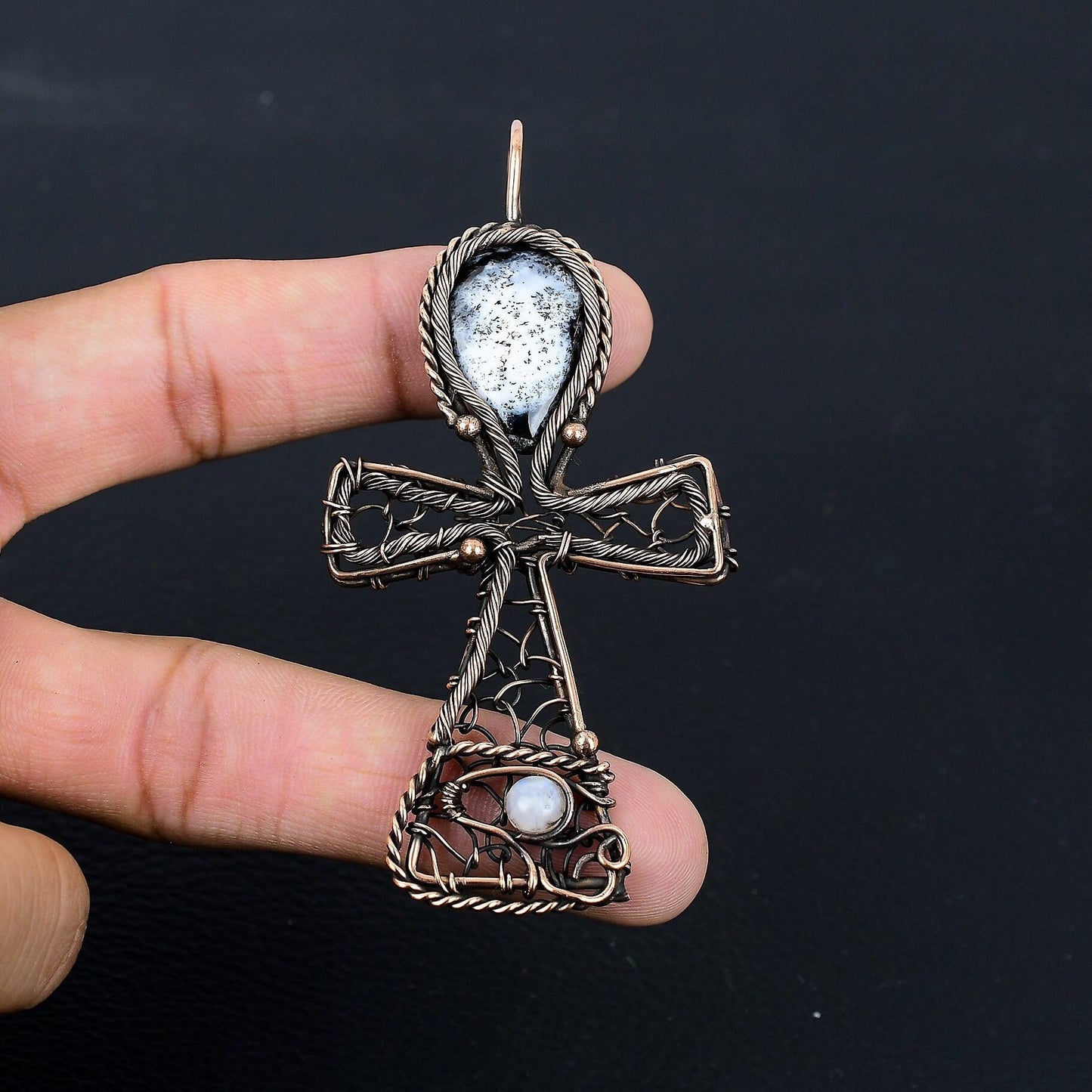 White Dendrite Opal Gemstone Ankh Pendant