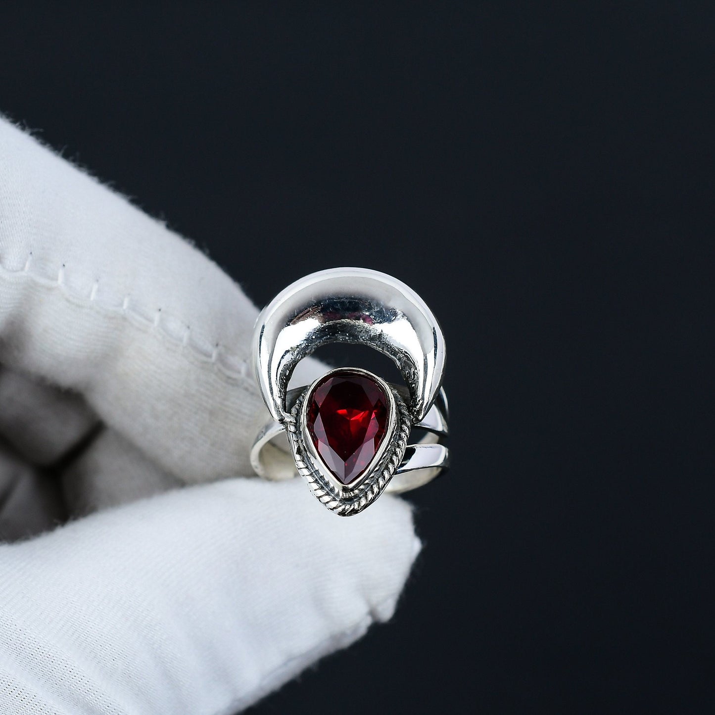 Sterling Silver Red Garnet Crescent Ring