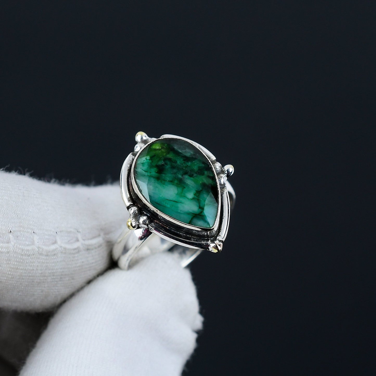 Green Emerald Gemstone Teardrop Ring