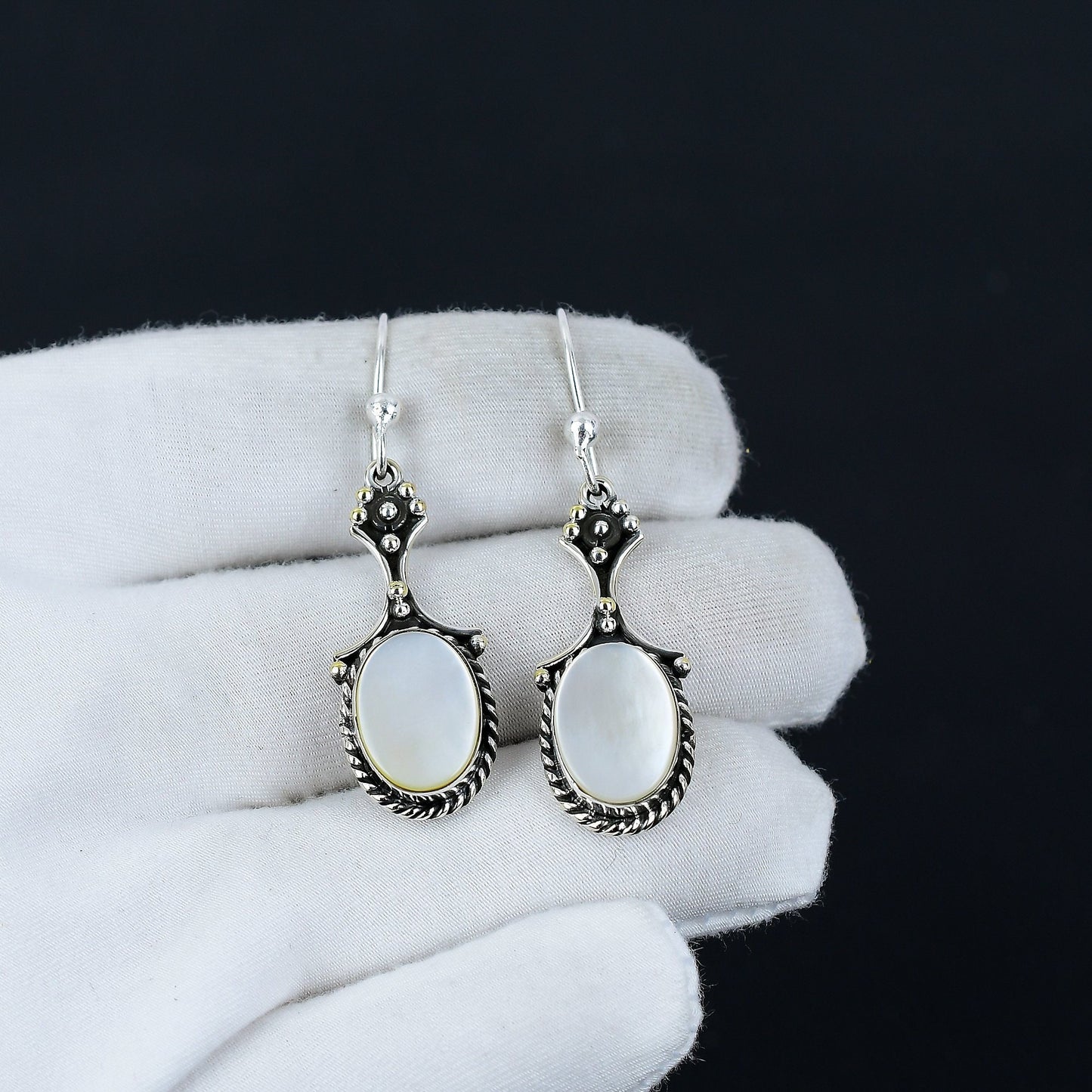 White Mother of Pearl Gemstone Silver Earrings
