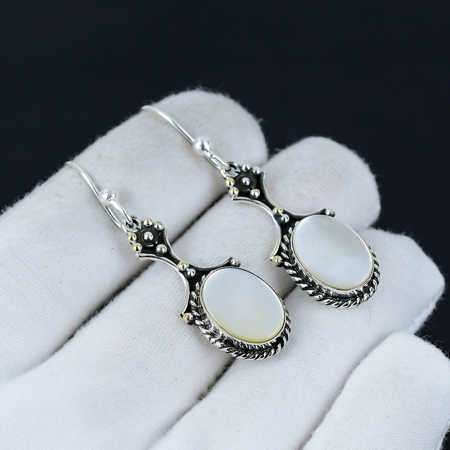 White Mother of Pearl Gemstone Silver Earrings