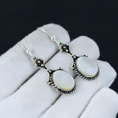 White Mother of Pearl Gemstone Silver Earrings