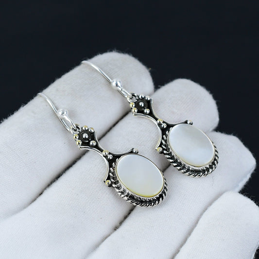 White Mother of Pearl Gemstone Silver Earrings