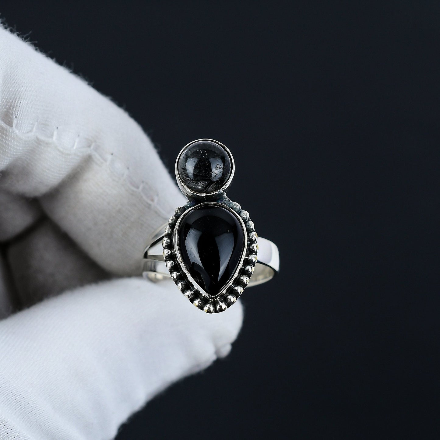 Black Onyx & Rutile Gemstone Ring
