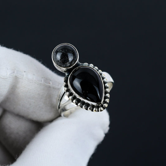 Black Onyx & Rutile Gemstone Ring