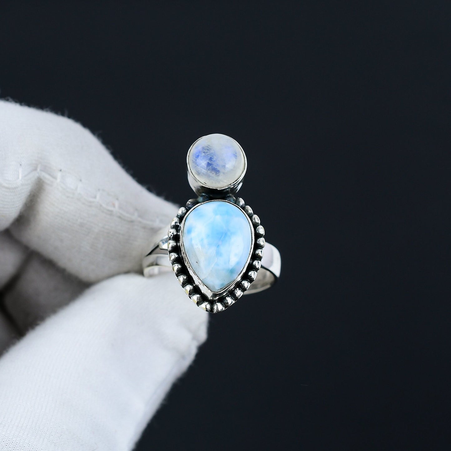 Blue Larimar & White Moonstone Gemstone Ring