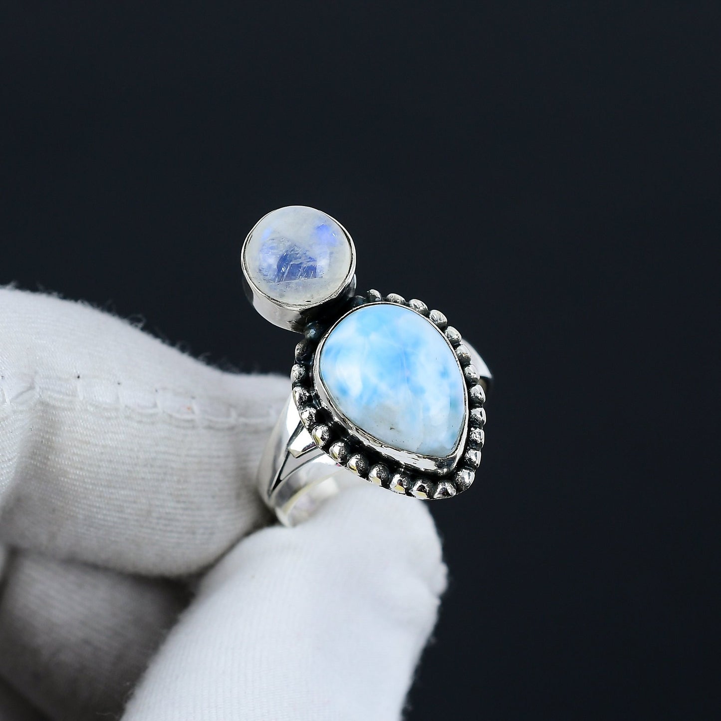 Blue Larimar & White Moonstone Gemstone Ring