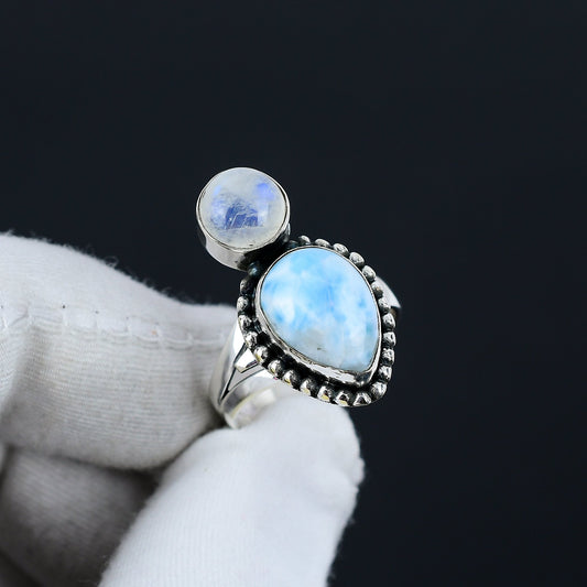 Blue Larimar & White Moonstone Gemstone Ring