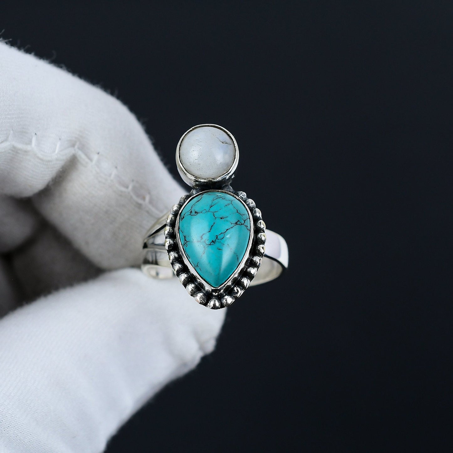 Turquoise and White Moonstone Sterling Silver Ring