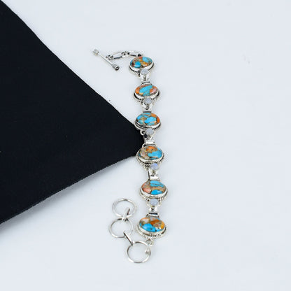 Orange Spiny Oyster Turquoise & Rainbow Moonstone Gemstone Bracelet