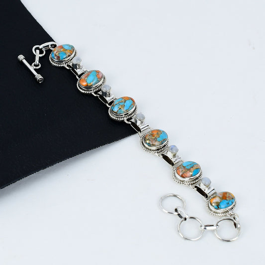 Orange Spiny Oyster Turquoise & Rainbow Moonstone Gemstone Bracelet