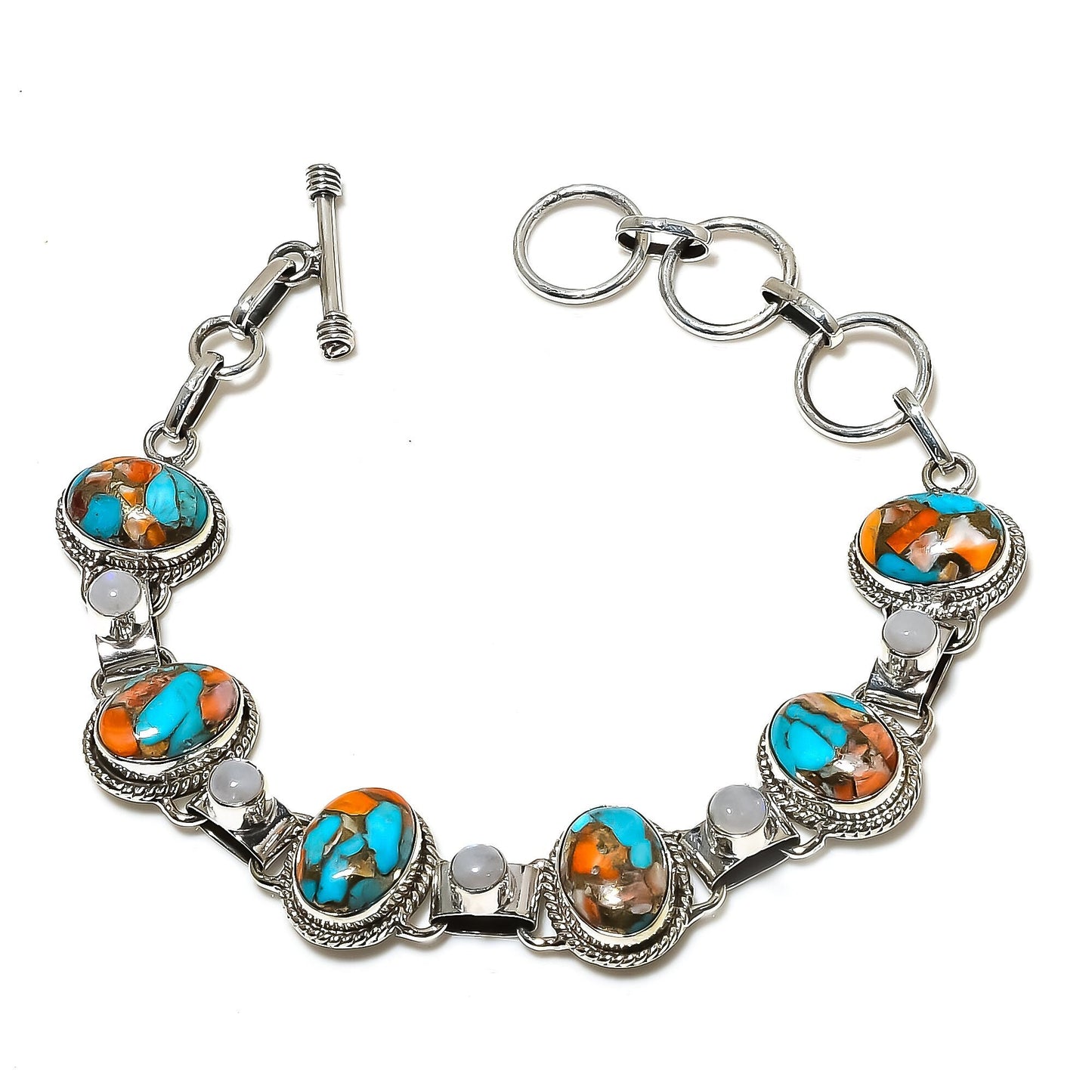 Orange Spiny Oyster Turquoise & Rainbow Moonstone Gemstone Bracelet