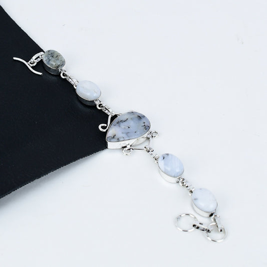 White Dendrite Opal Sterling Silver Bracelet