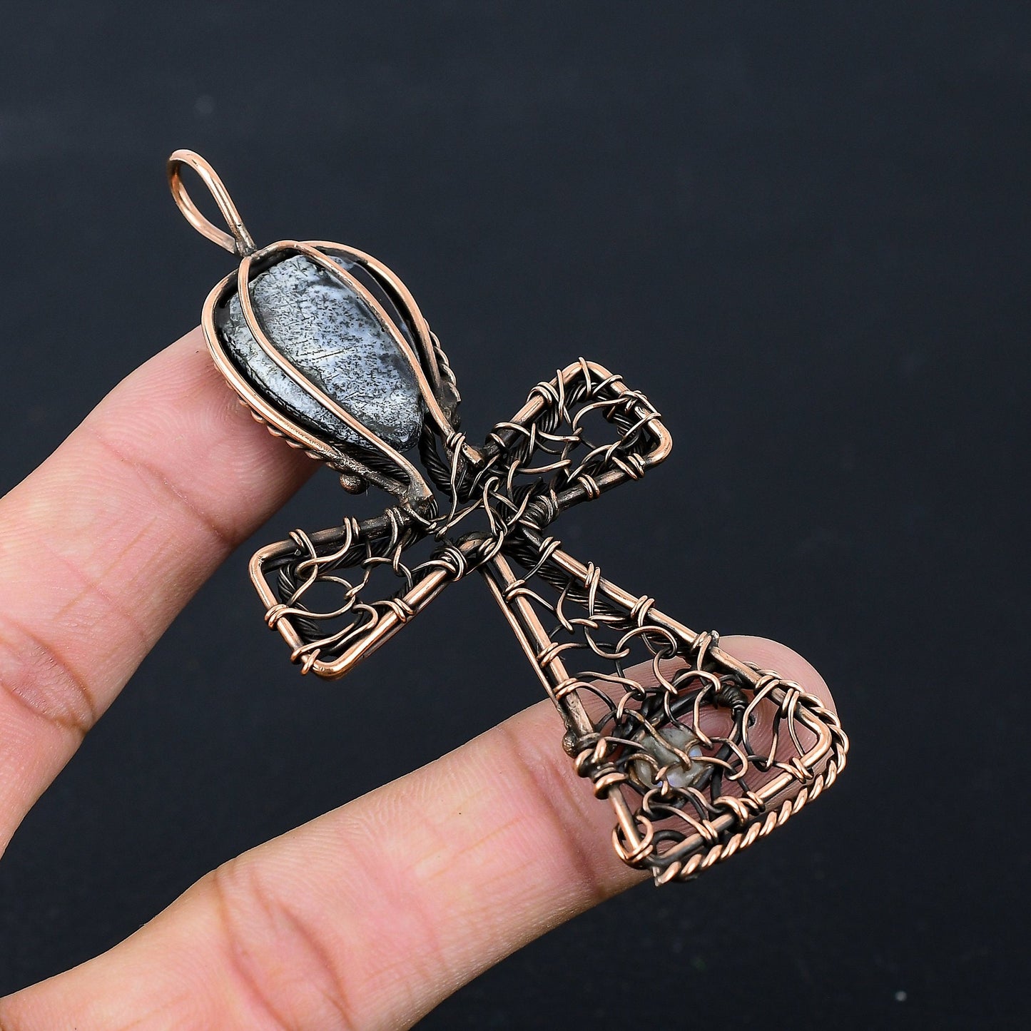 White Dendrite Opal Gemstone Ankh Pendant