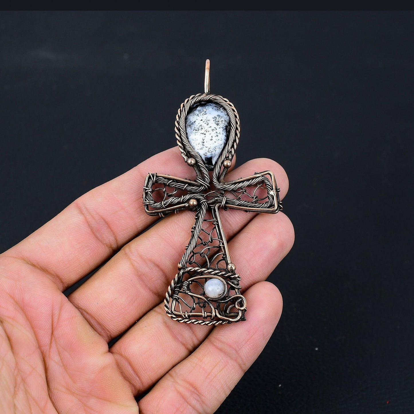 White Dendrite Opal Gemstone Ankh Pendant