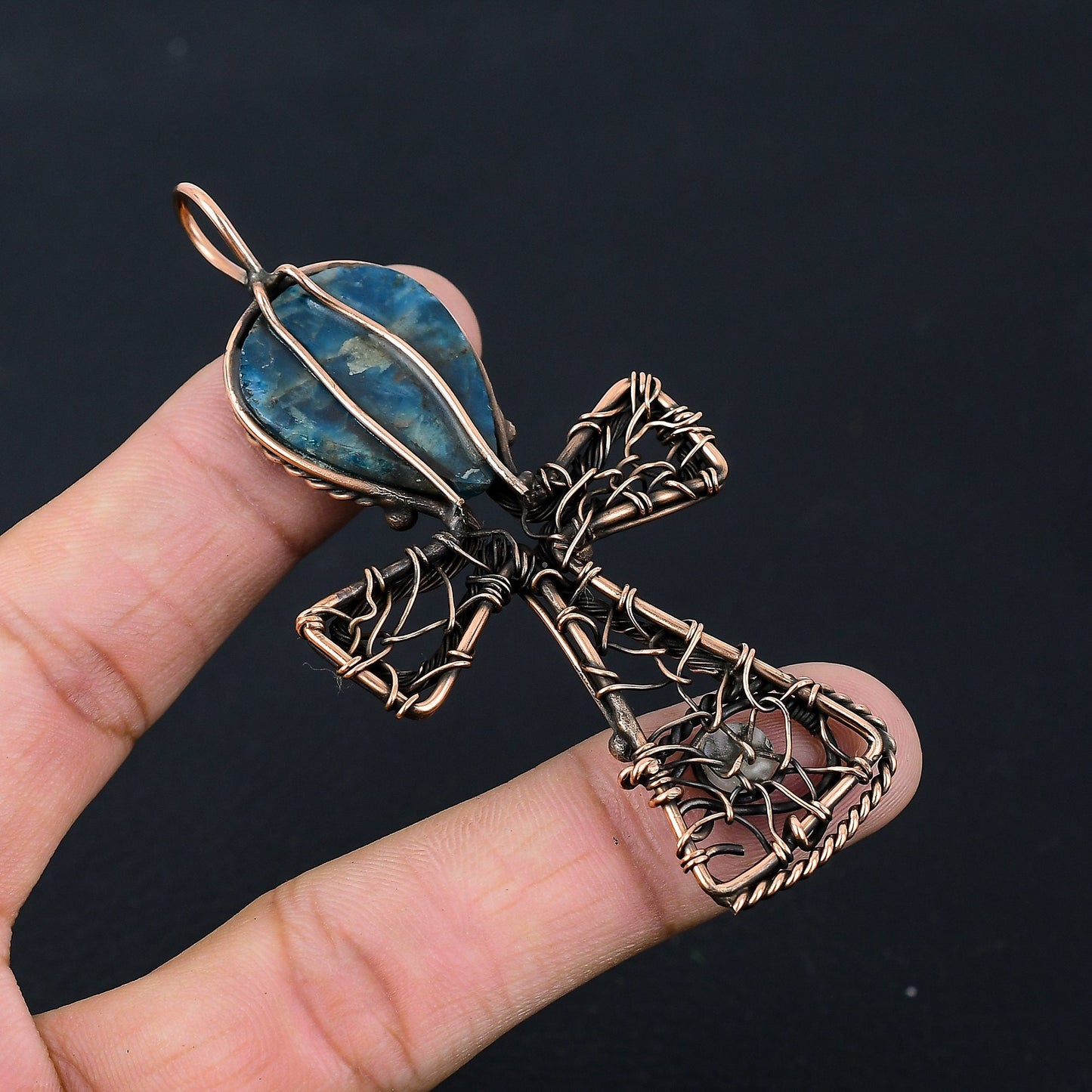Neon Blue Apatite Gemstone Ankh Pendant