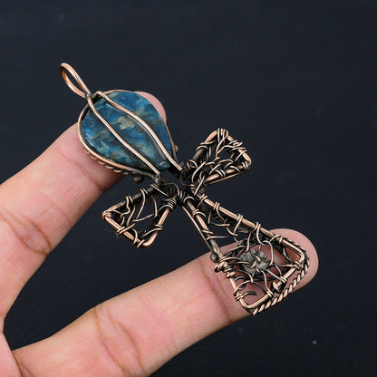 Neon Blue Apatite Gemstone Ankh Pendant