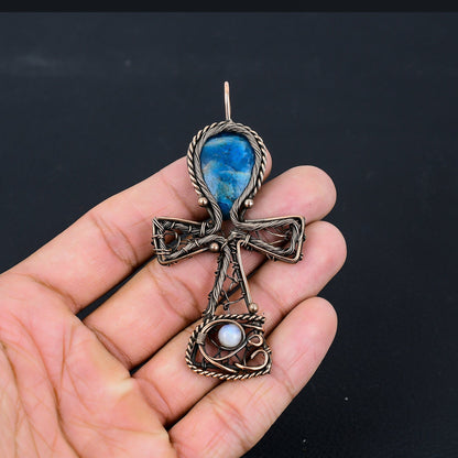 Neon Blue Apatite Gemstone Ankh Pendant
