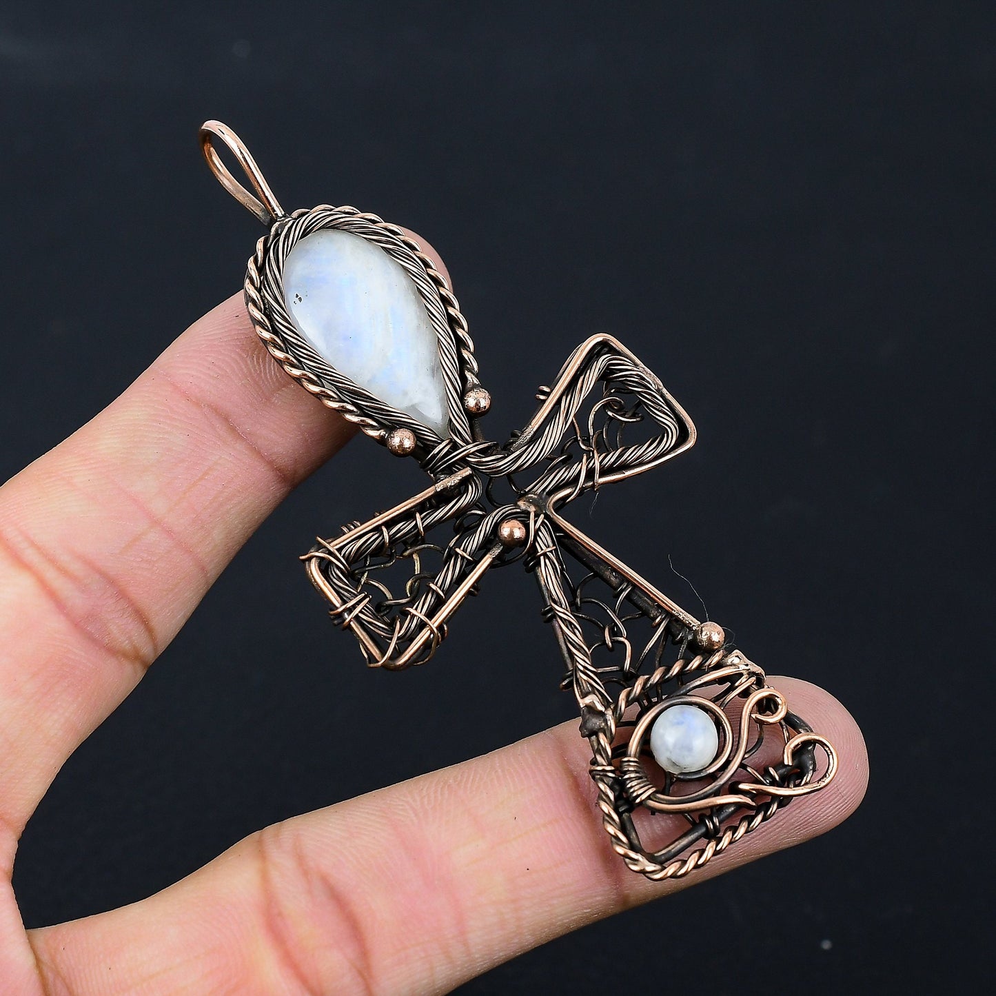 Copper Moonstone Gemstone Ankh Pendant
