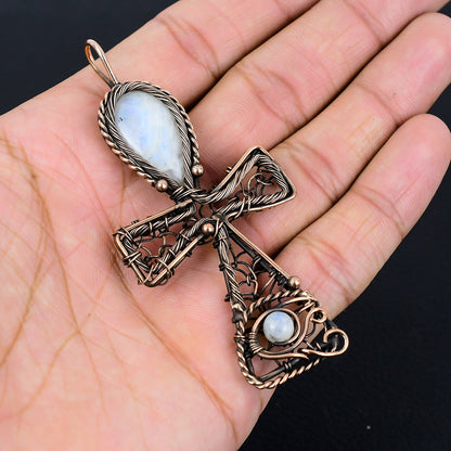 Copper Moonstone Gemstone Ankh Pendant