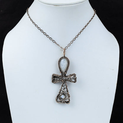 Copper Moonstone Gemstone Ankh Pendant