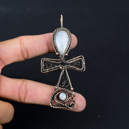 Copper Moonstone Gemstone Ankh Pendant