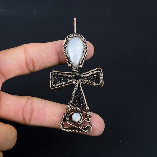 Copper Moonstone Gemstone Ankh Pendant