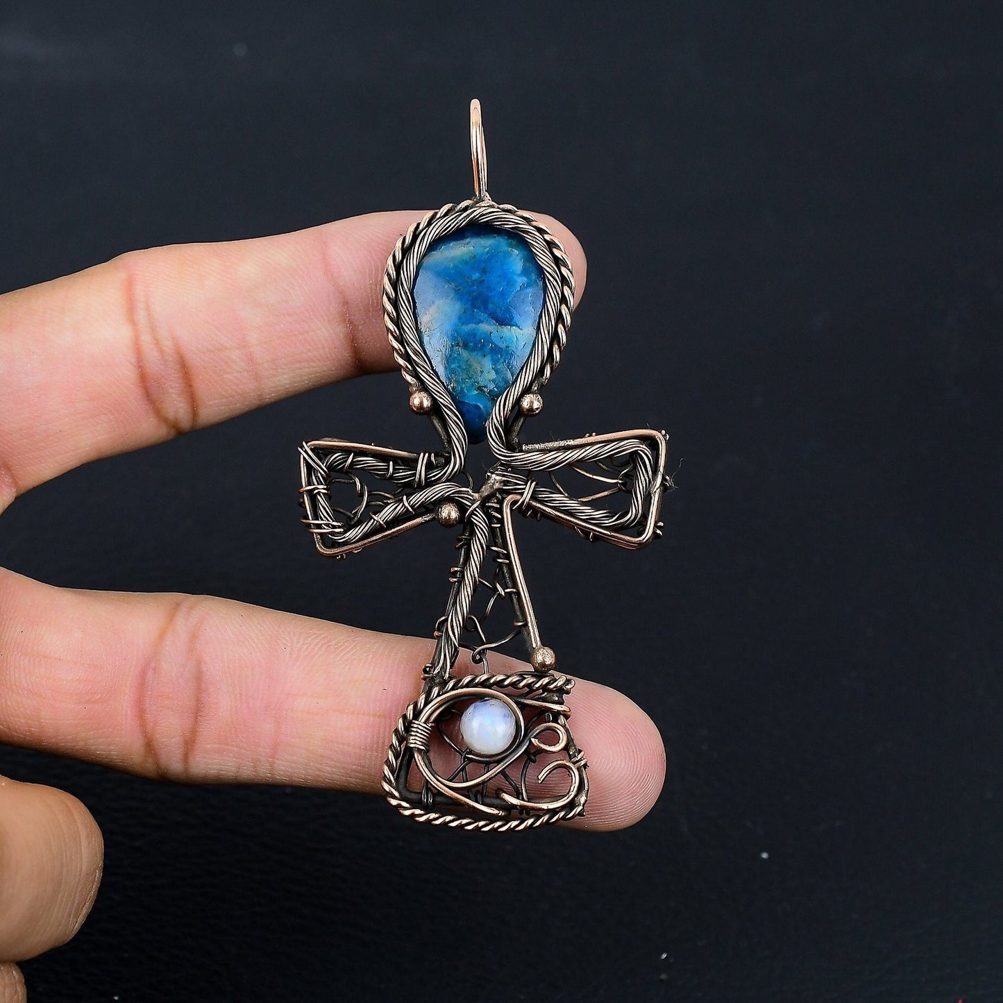 Neon Blue Apatite Gemstone Ankh Pendant